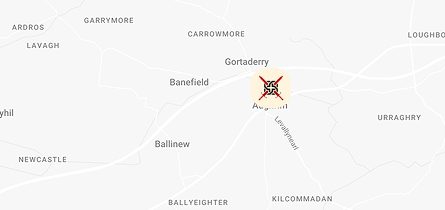 A simple map showing the area around Gortaderry and nearby locations. An icon with a red X marks a blocked section near Aughafunshinn, not far from the historic site of the Battle of Aughrim.