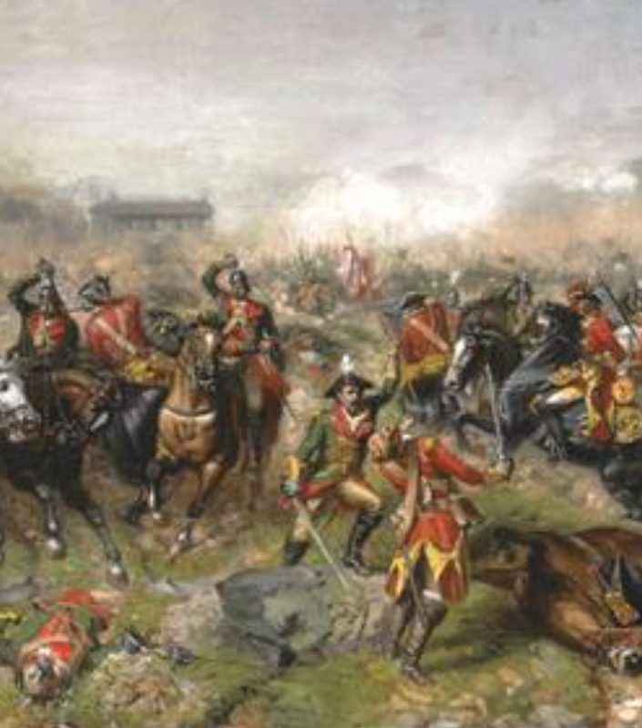 A historic Battle of Aughrim scene with soldiers in red and green uniforms fighting on horseback and on foot, amidst smoke, chaos, and wounded soldiers lying on the ground.