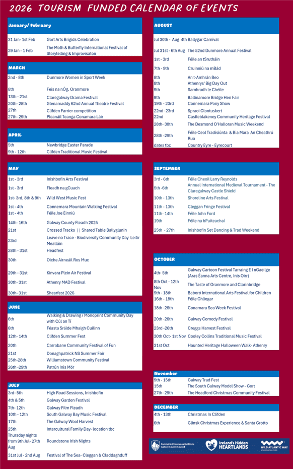 Tourism funded calendar listing 2026 events by month, including the Battle of Aughrim, with event names, dates, and locations in a blue and purple chart. Logos for Galway County Council and Ireland’s Hidden Heartlands appear at the bottom.