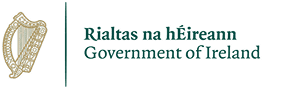 Logo of the Government of Ireland featuring a gold harp on the left and the text Rialtas na hÉireann Government of Ireland in green on the right, representing its commitment to EU sustainability and Just Transition Europe initiatives.